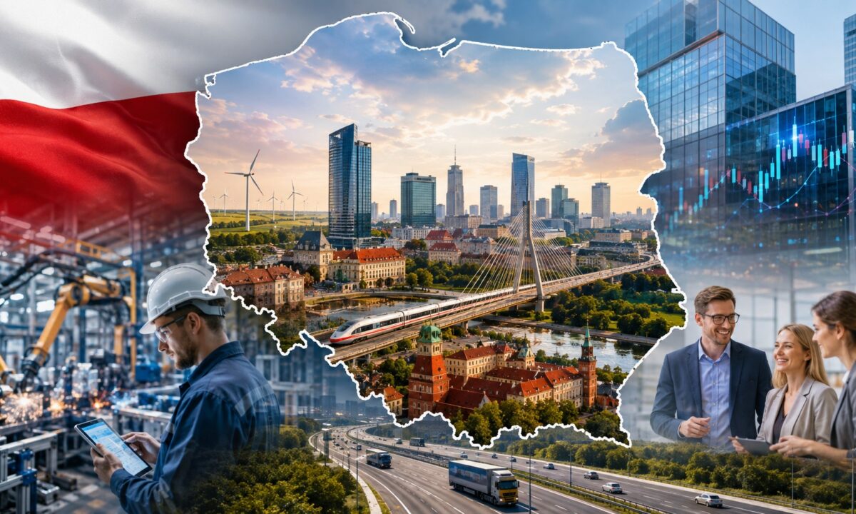 Panoramiczna ilustracja pokazująca różne miasta, przemysł i nowoczesną infrastrukturę jako symbol całej Polski