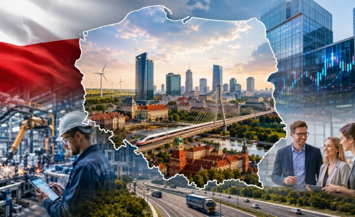 Panoramiczna ilustracja pokazująca różne miasta, przemysł i nowoczesną infrastrukturę jako symbol całej Polski