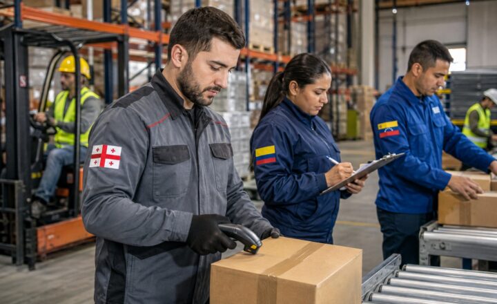 Zespół pracowników z różnych krajów pracuje razem w hali magazynowej i logistycznej