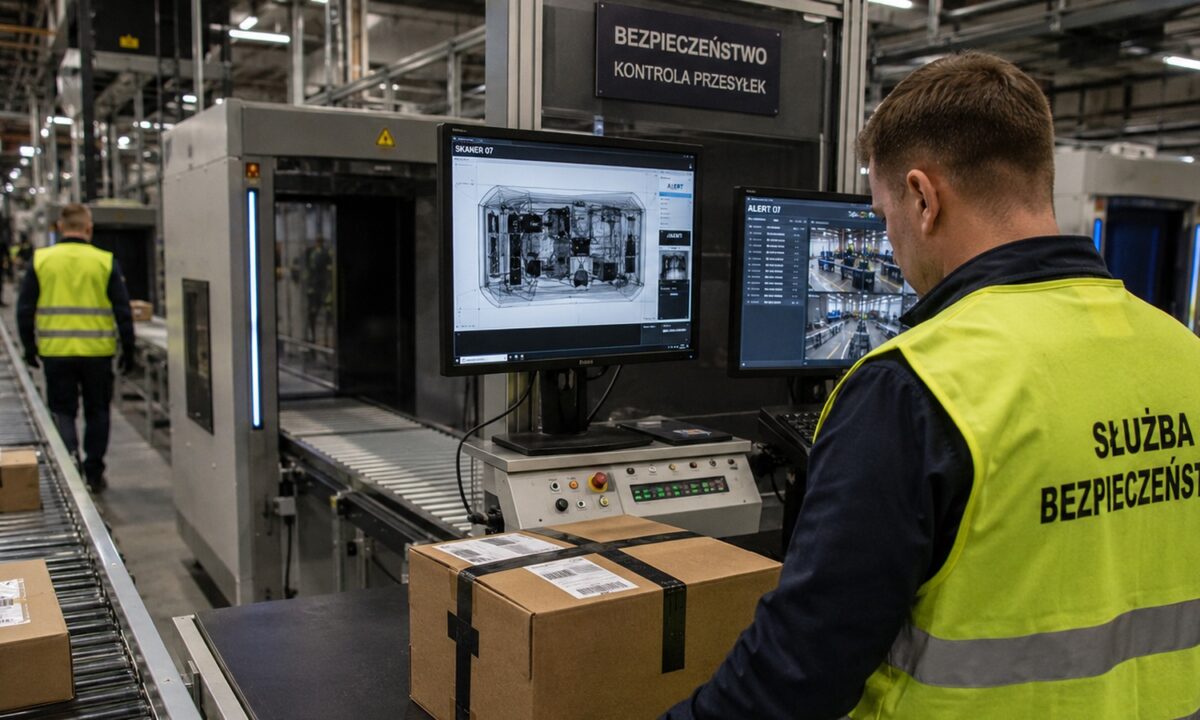 Pracownik ochrony analizuje przesyłkę przechodzącą przez skaner w centrum logistycznym