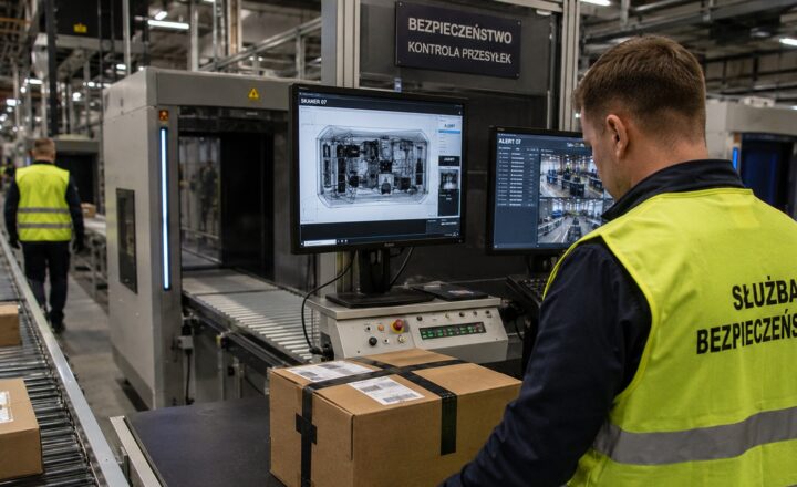 Pracownik ochrony analizuje przesyłkę przechodzącą przez skaner w centrum logistycznym