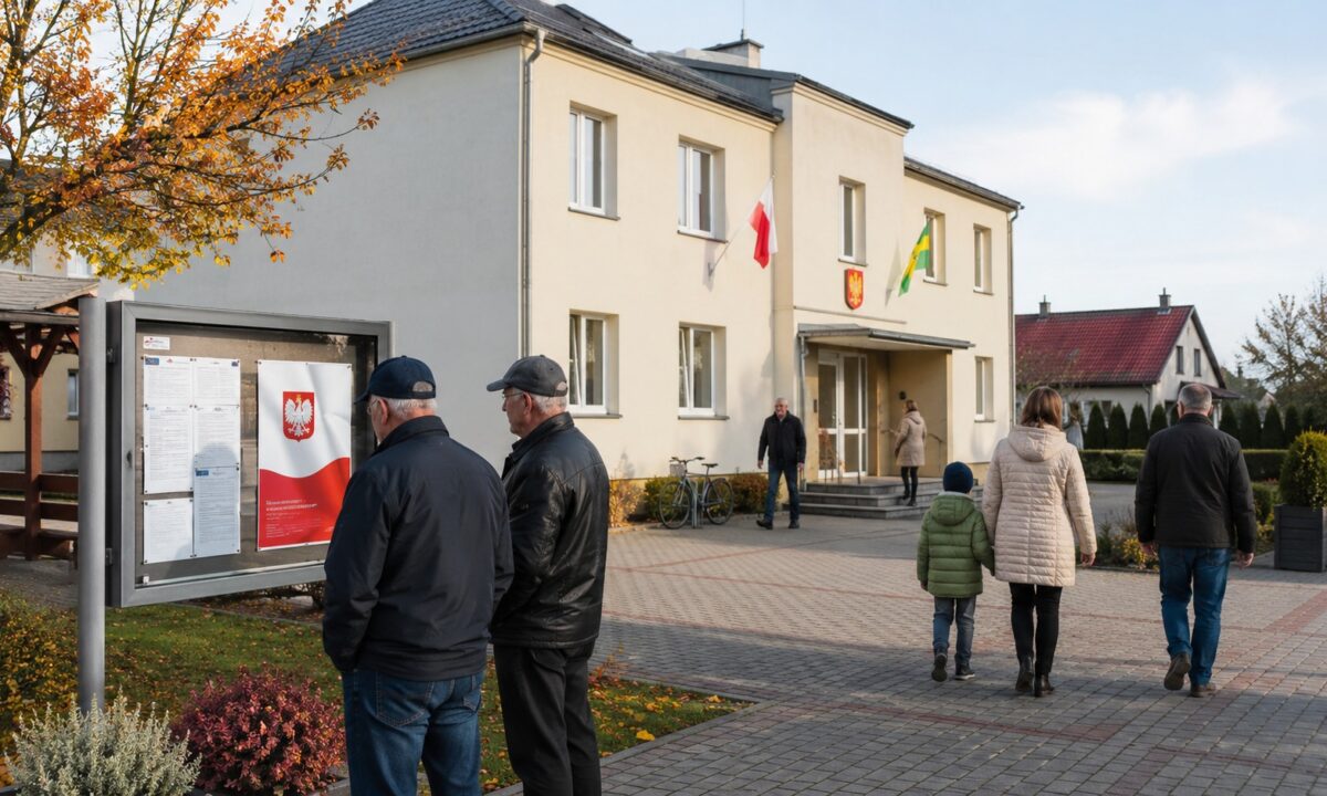 Wiejski plac i tablica ogłoszeń w niewielkiej miejscowości, symbol lokalnych wyborów w Lnianie