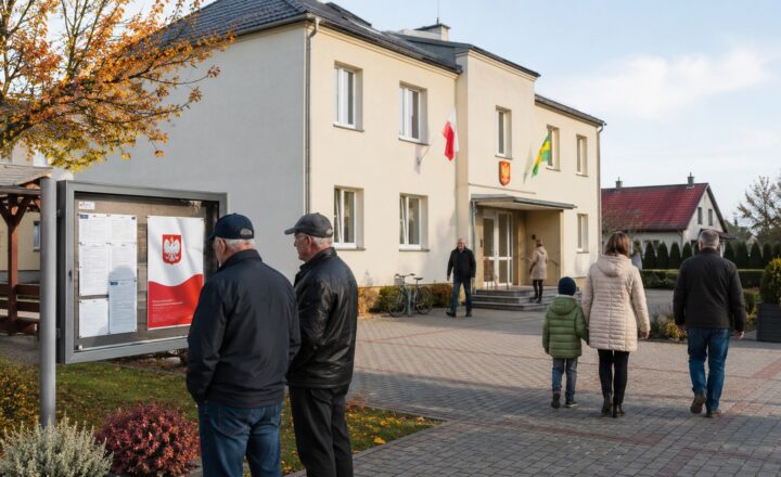 Wiejski plac i tablica ogłoszeń w niewielkiej miejscowości, symbol lokalnych wyborów w Lnianie