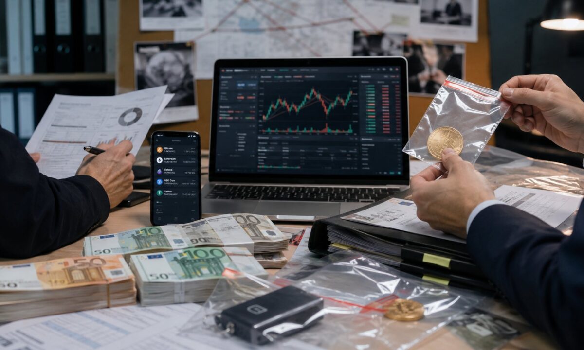 Biurko śledczych z dokumentami, gotówką i materiałami dotyczącymi kryptowalut