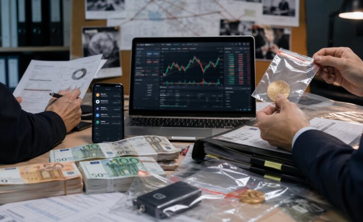 Biurko śledczych z dokumentami, gotówką i materiałami dotyczącymi kryptowalut