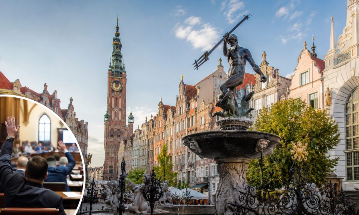Gdański Długi Targ z Fontanną Neptuna i symbolicznym ujęciem obrad samorządu