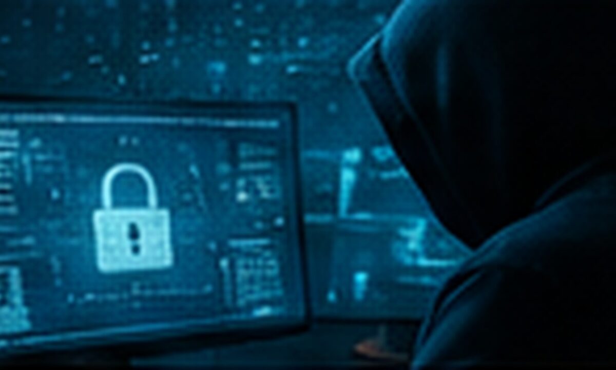 Ekrany komputerów z symbolem cyberbezpieczeństwa