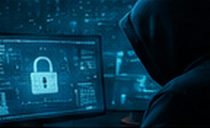 Ekrany komputerów z symbolem cyberbezpieczeństwa