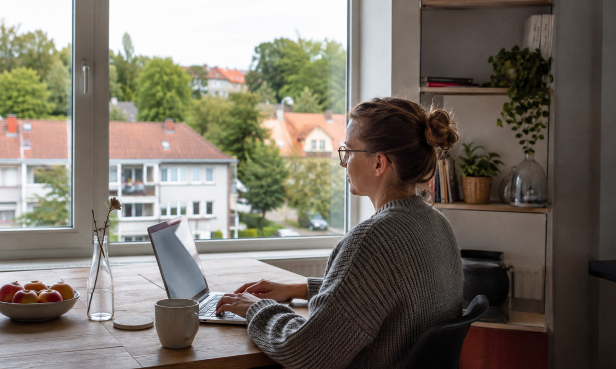 Kobieta pracuje na laptopie przy oknie z widokiem na spokojne osiedle