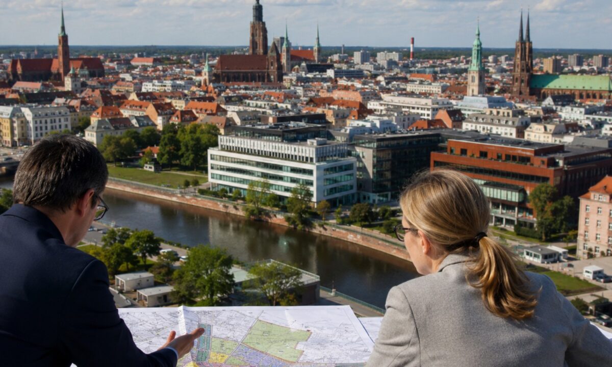 Zespół urbanistów analizuje plan miasta na tle zabudowy i rzeki