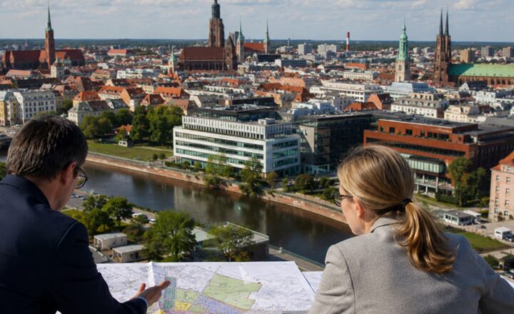 Zespół urbanistów analizuje plan miasta na tle zabudowy i rzeki