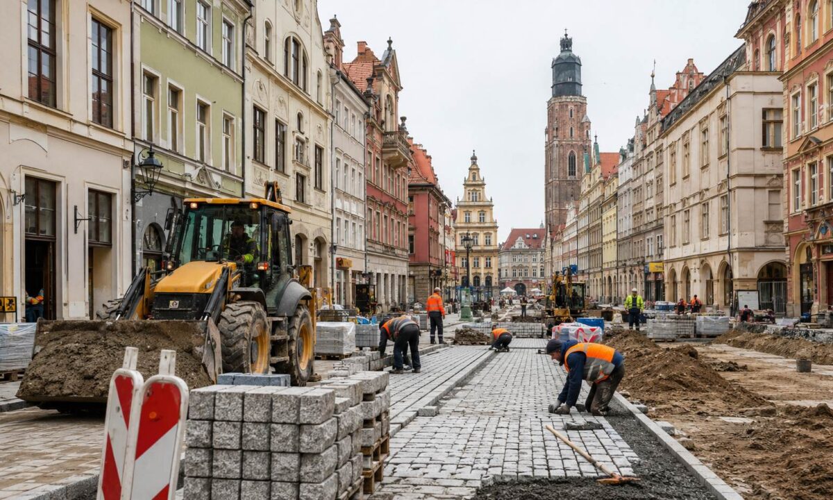 Przebudowa brukowanej ulicy w historycznym centrum z pracownikami i maszynami