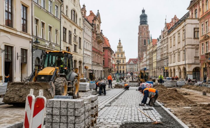 Przebudowa brukowanej ulicy w historycznym centrum z pracownikami i maszynami