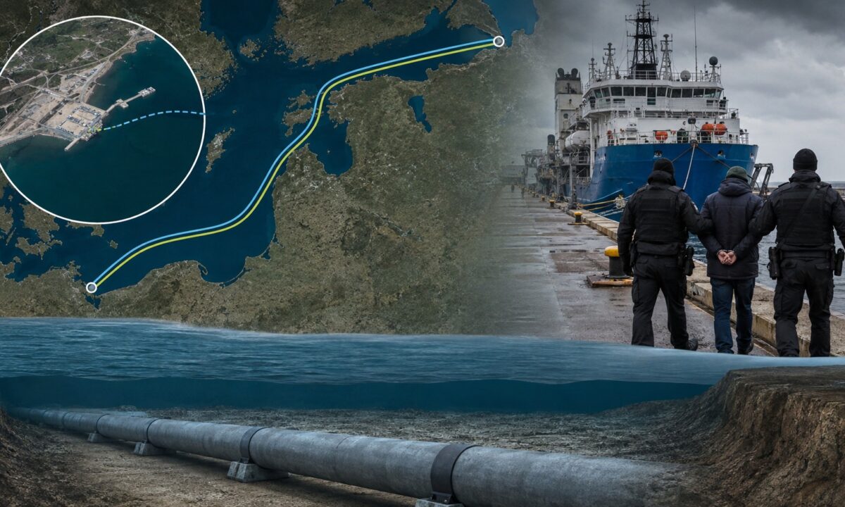 Graficzne ujęcie infrastruktury morskiej, statku i nabrzeża odnoszące się do śledztwa w sprawie Nord Stream