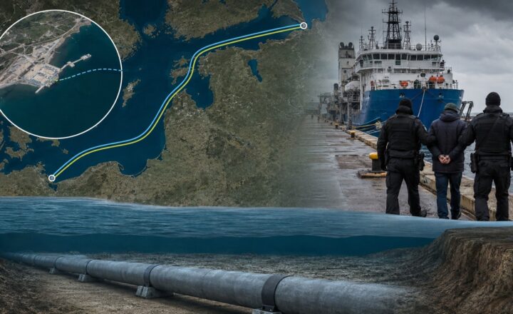 Graficzne ujęcie infrastruktury morskiej, statku i nabrzeża odnoszące się do śledztwa w sprawie Nord Stream