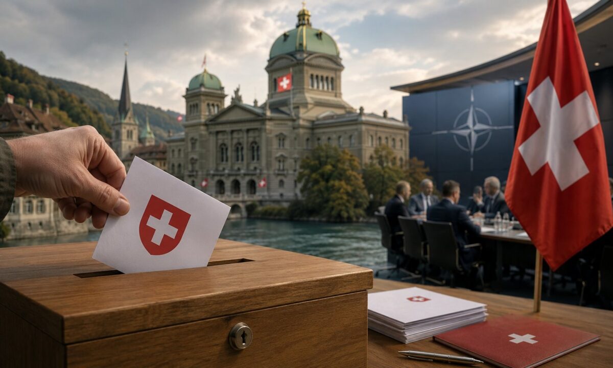 Urna wyborcza na tle szwajcarskiego parlamentu i symbolu NATO