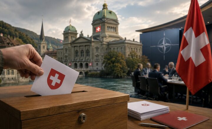 Urna wyborcza na tle szwajcarskiego parlamentu i symbolu NATO