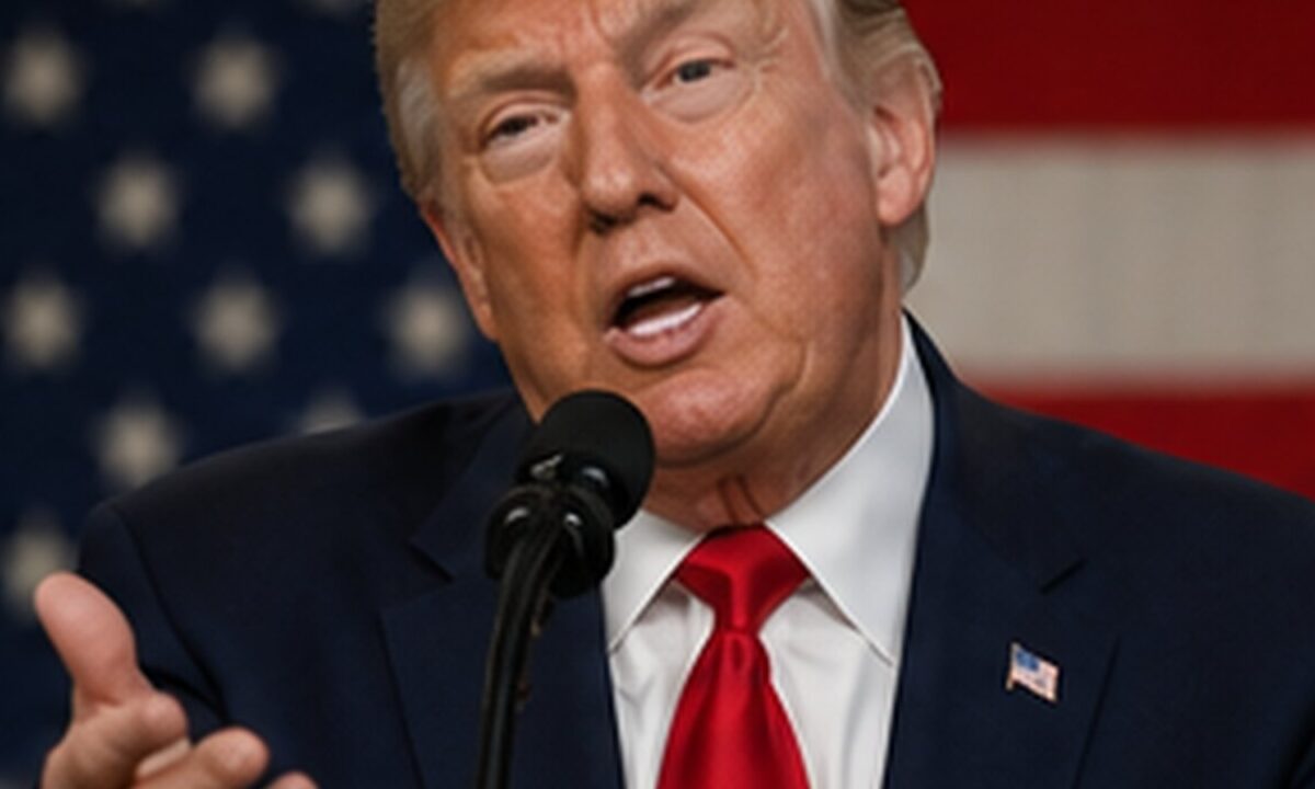 Donald Trump podczas wystąpienia - grafika ilustracyjna do sporu taryfowego z Kanadą