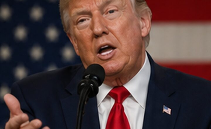 Donald Trump podczas wystąpienia - grafika ilustracyjna do sporu taryfowego z Kanadą