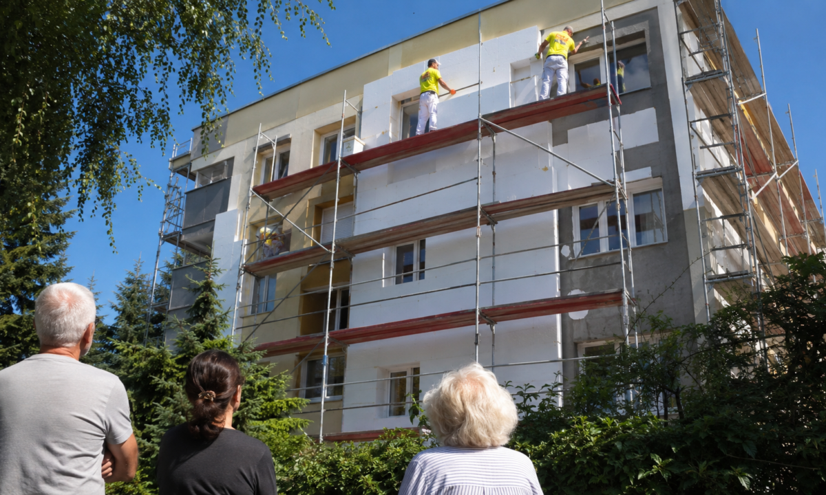 Robotnicy na rusztowaniach docieplają blok mieszkalny