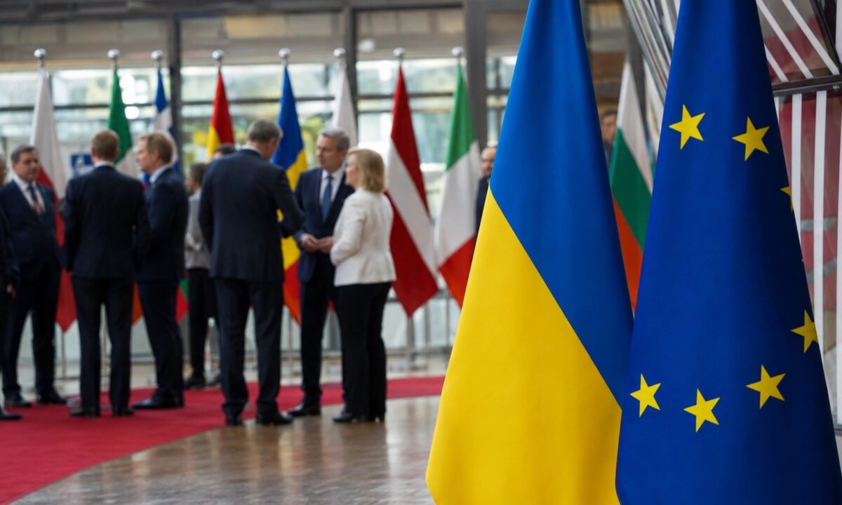 Flagi Unii Europejskiej i Ukrainy podczas spotkania dyplomatycznego