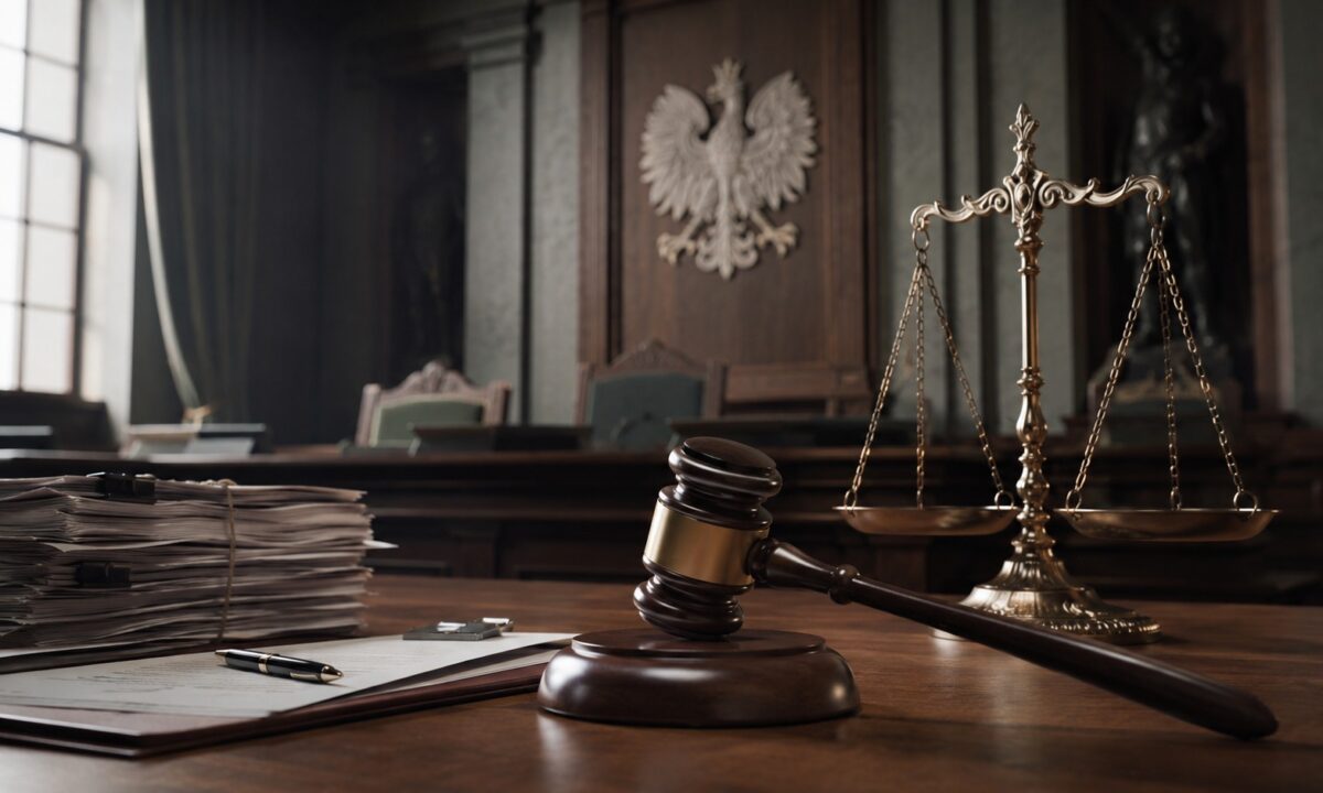 Sala sądowa, młotek sędziowski i dokumenty jako symbol przedłużającego się śledztwa