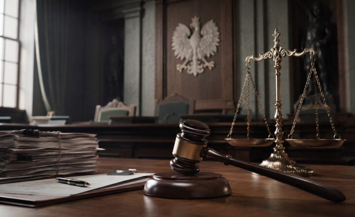 Sala sądowa, młotek sędziowski i dokumenty jako symbol przedłużającego się śledztwa