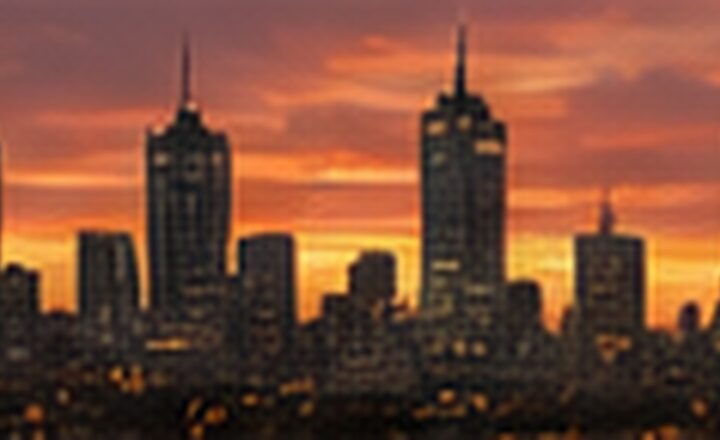 Panorama miasta o zachodzie słońca