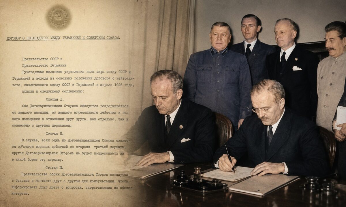 Ilustracja łącząca dokument paktu Ribbentrop–Mołotow ze sceną jego podpisania w Moskwie