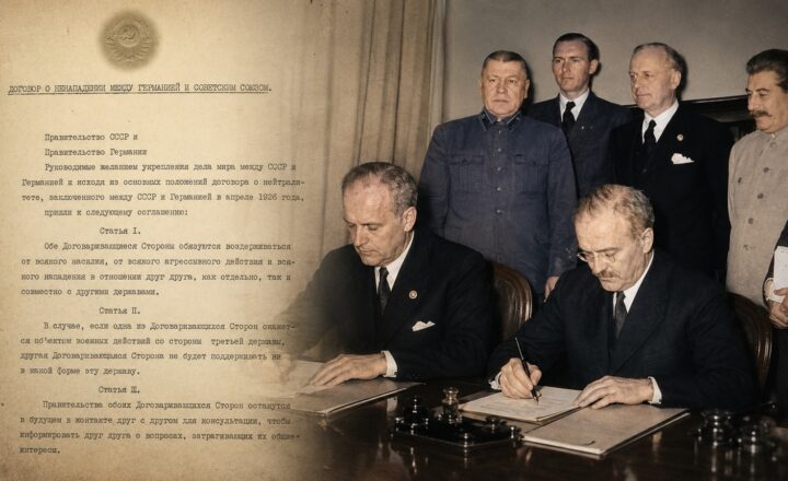 Ilustracja łącząca dokument paktu Ribbentrop–Mołotow ze sceną jego podpisania w Moskwie