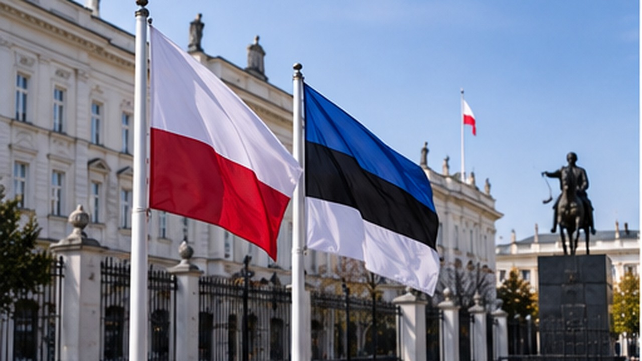 Flagi Polski i Estonii przed reprezentacyjnym gmachem państwowym