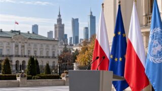 Polski gmach publiczny i flagi państwowe jako ilustracja sporu instytucjonalnego