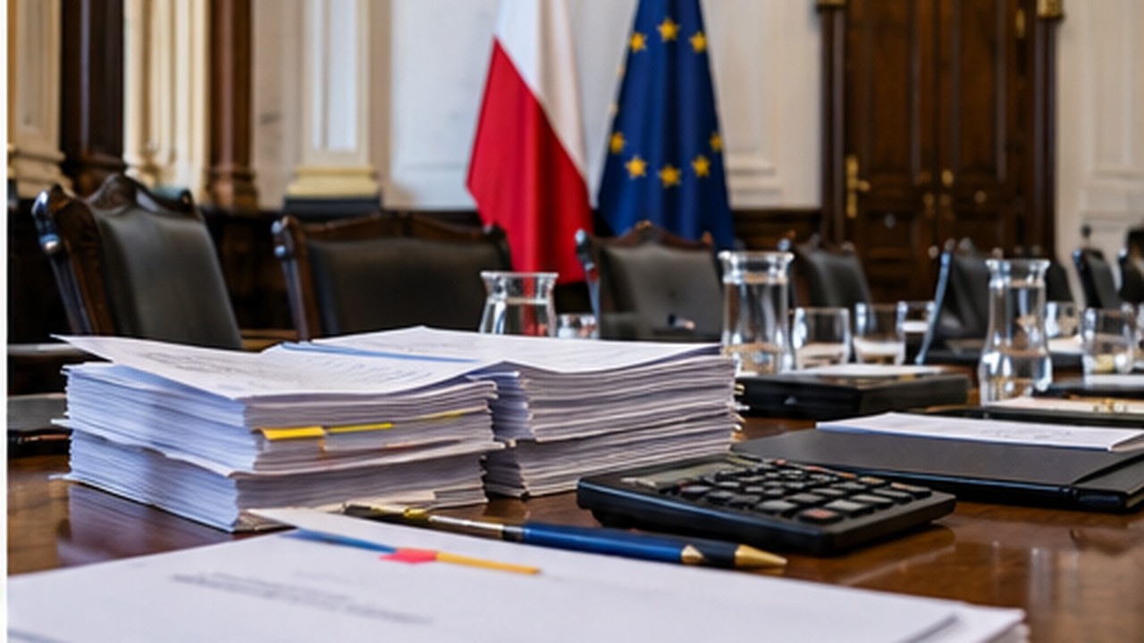 Stół posiedzeń rządu z dokumentami budżetowymi i kalkulatorem