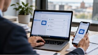Przedsiębiorca pracujący przy laptopie — ilustracja e-Doręczeń
