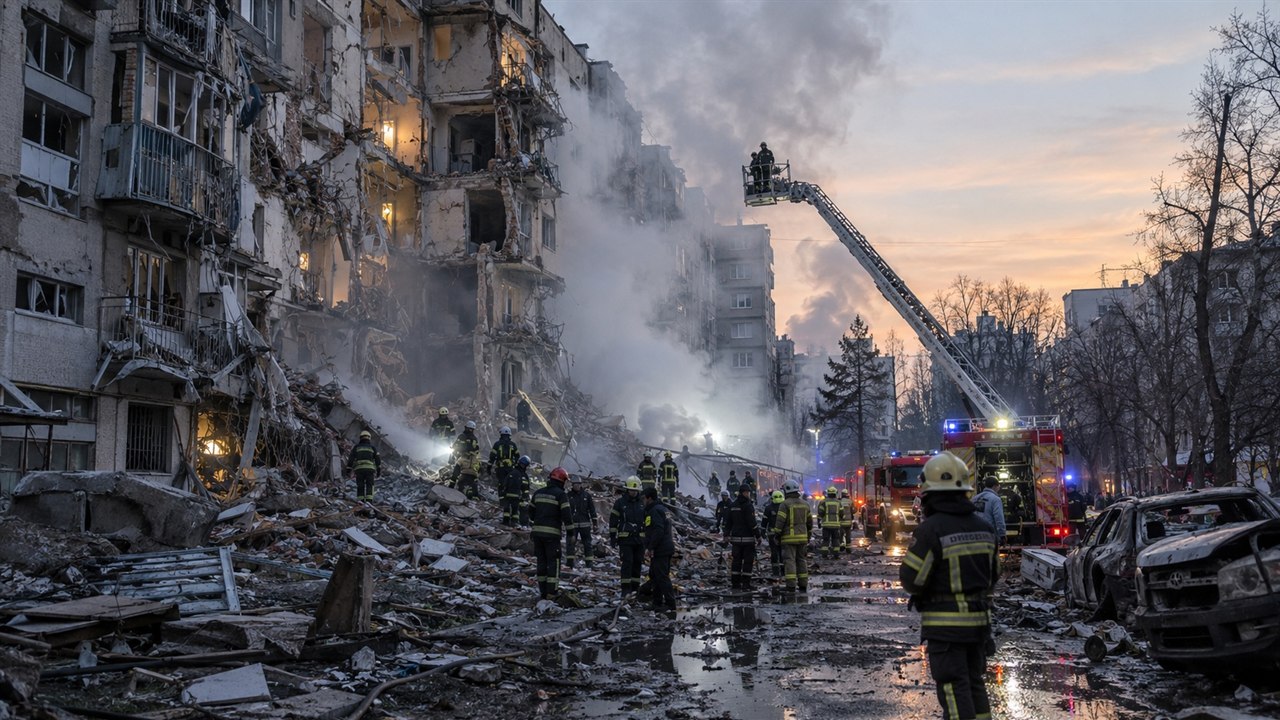 Nocne miasto pod ostrzałem dronowym i rakietowym