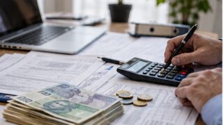 Rozliczenie podatkowe, kalkulator i polskie banknoty na biurku