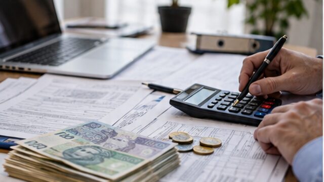 Rozliczenie podatkowe, kalkulator i polskie banknoty na biurku