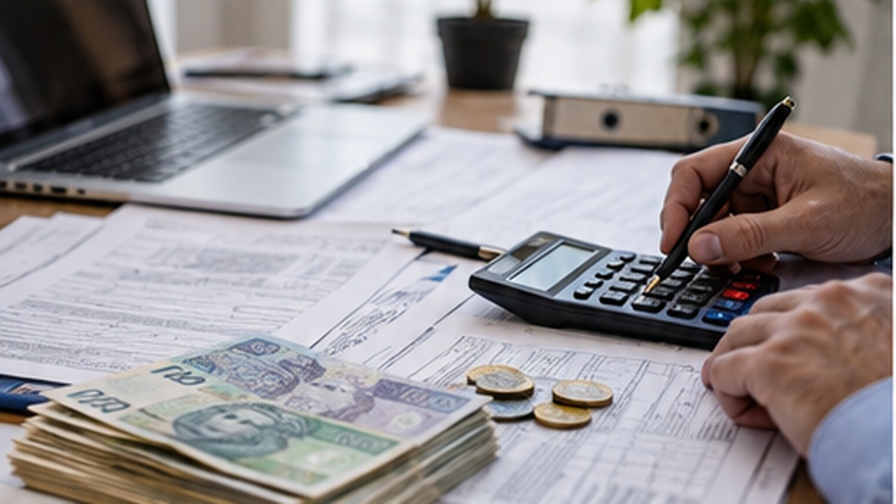 Rozliczenie podatkowe, kalkulator i polskie banknoty na biurku