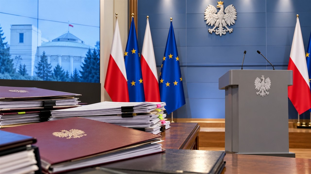 Rządowa sala konferencyjna z dokumentami i flagami Polski oraz Unii Europejskiej
