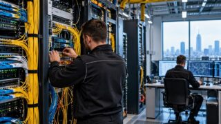 Technicy pracujący przy serwerach i okablowaniu sieci telekomunikacyjnej