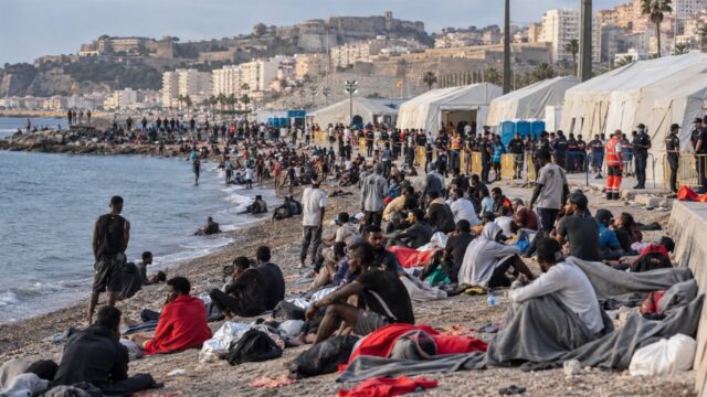 Plaża z tymczasowymi namiotami i służbami w nadmorskim mieście
