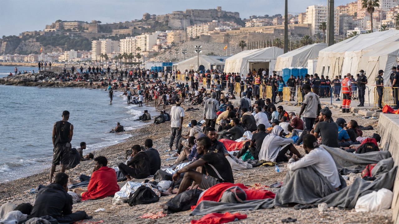 Plaża z tymczasowymi namiotami i służbami w nadmorskim mieście