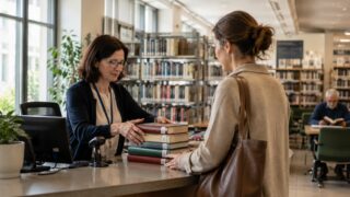 Bibliotekarka i czytelniczka przy ladzie z książkami