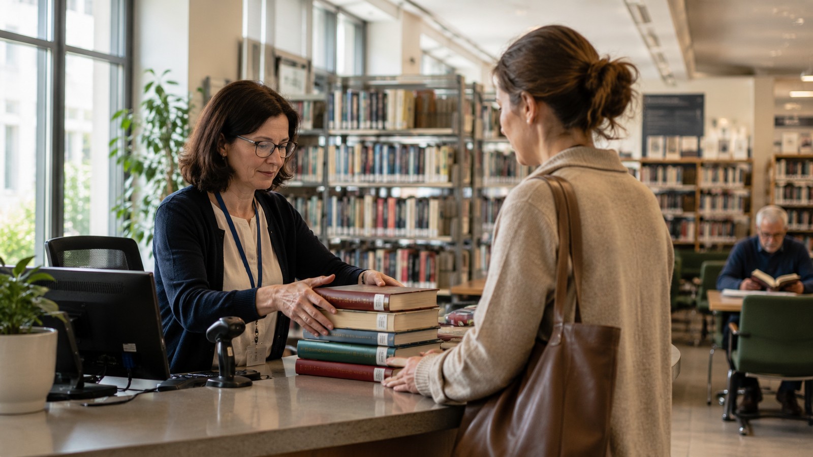Bibliotekarka i czytelniczka przy ladzie z książkami