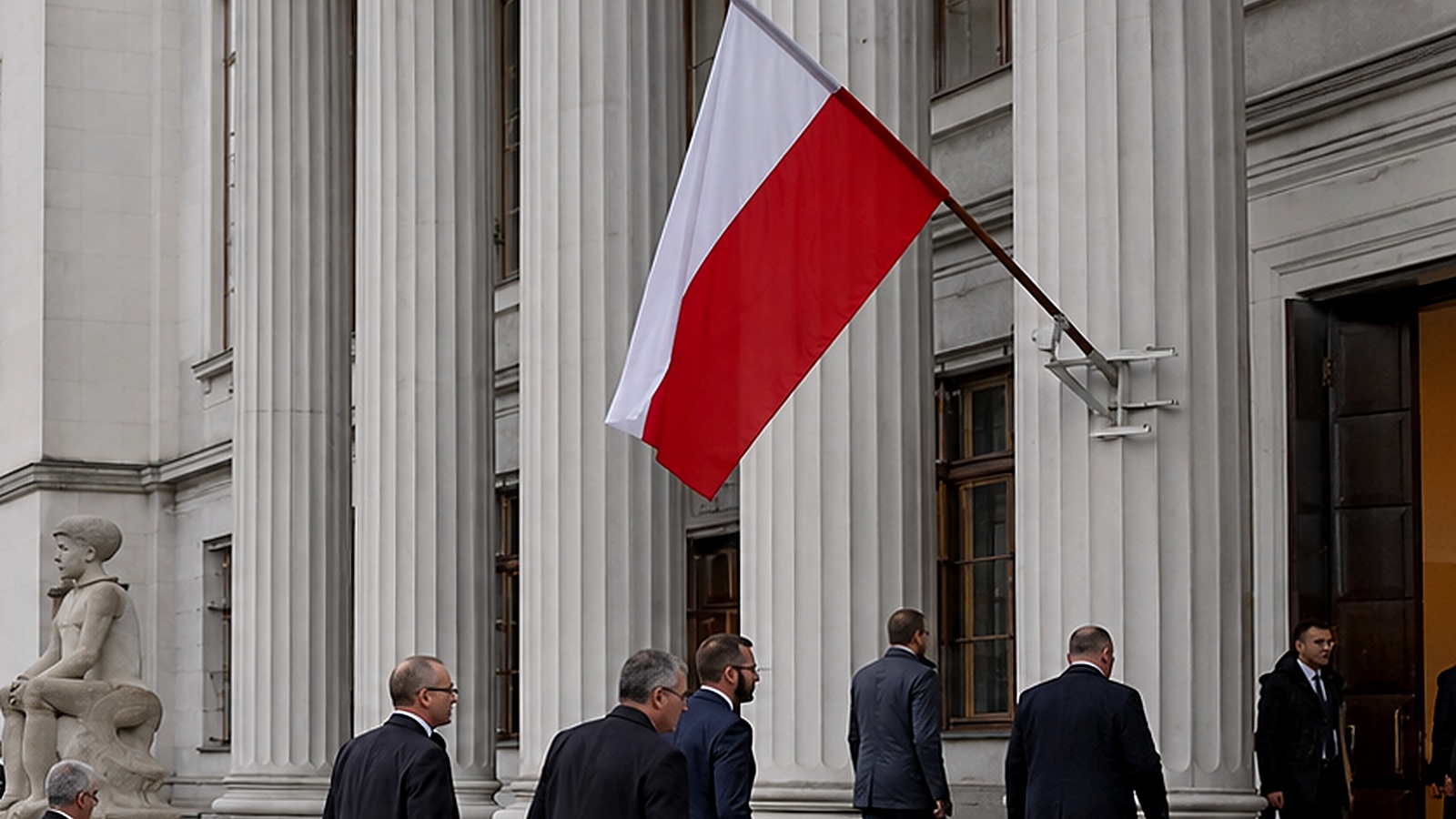 Polska flaga przy kolumnadzie gmachu instytucji państwowej