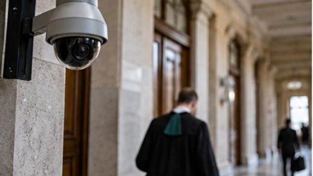 Kamera monitoringu w korytarzu sądu i prawnik w tle