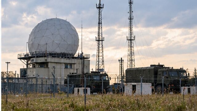 Wojskowy radar i instalacja łączności na terenie zabezpieczonej bazy
