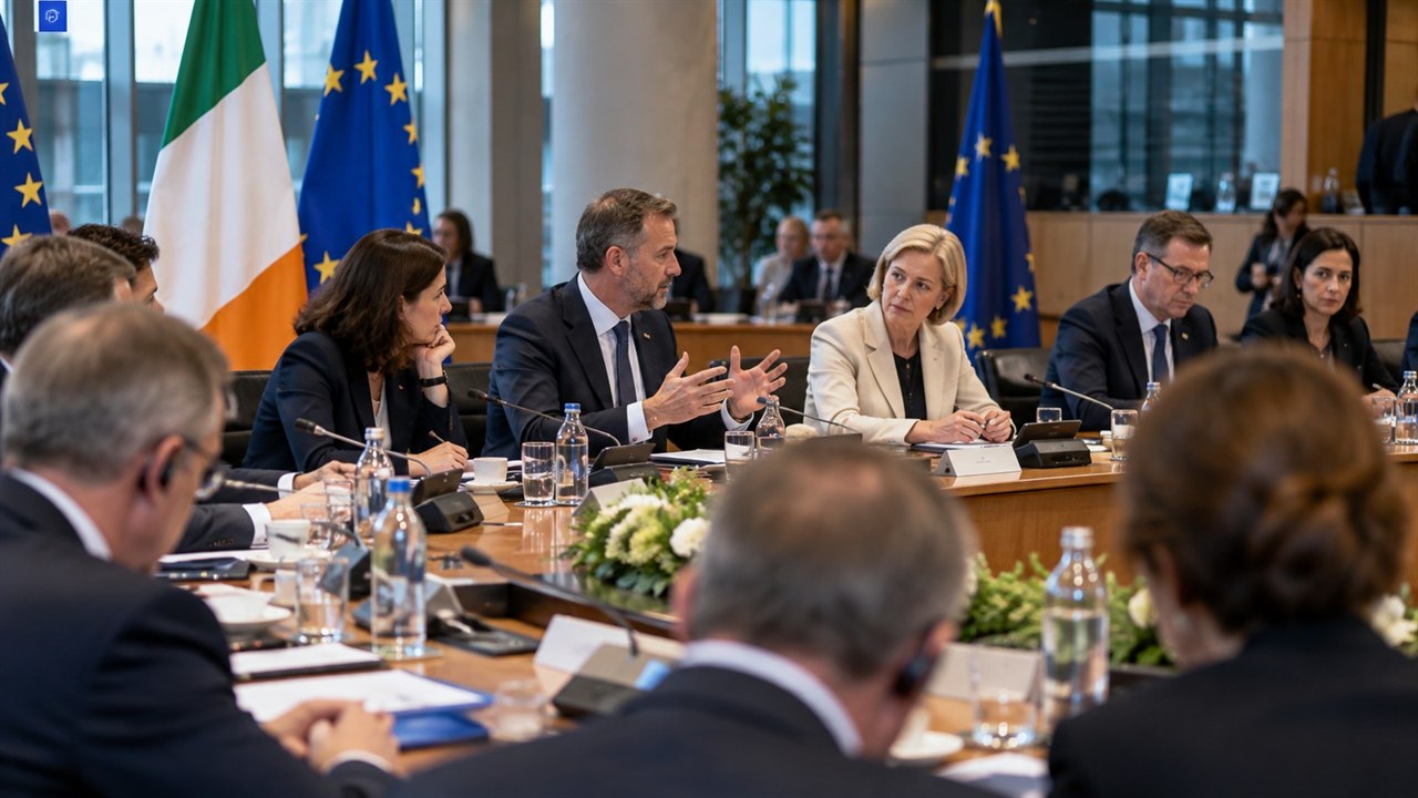 Nieformalne spotkanie europejskich ministrów zdrowia przy stole konferencyjnym z flagami Irlandii i Unii Europejskiej