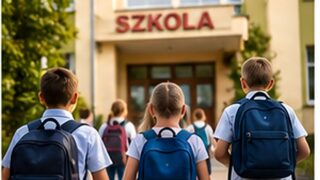 Uczniowie idący do szkoły z plecakami