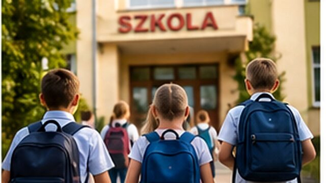 Uczniowie idący do szkoły z plecakami